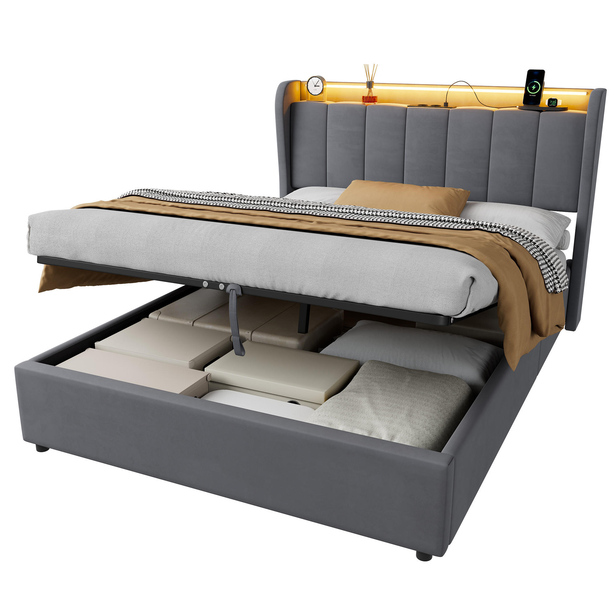 OKWISH ČALOUNĚNÁ postel 140x190 cm tmavě šedá ze sametu s LED osvětlením, hydraulickým úložným boxem a nabíjecím konektorem