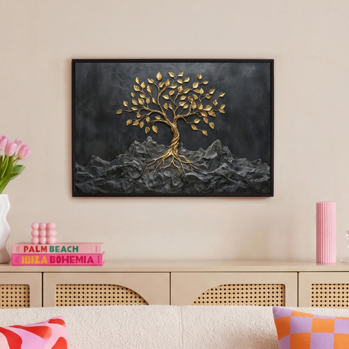 LEINWAND Bilder mit Rahmen - Blätter - Gold - Baum - Fels - 60x40 - Schwarz, Textil (60/40cm) - MuchoWow