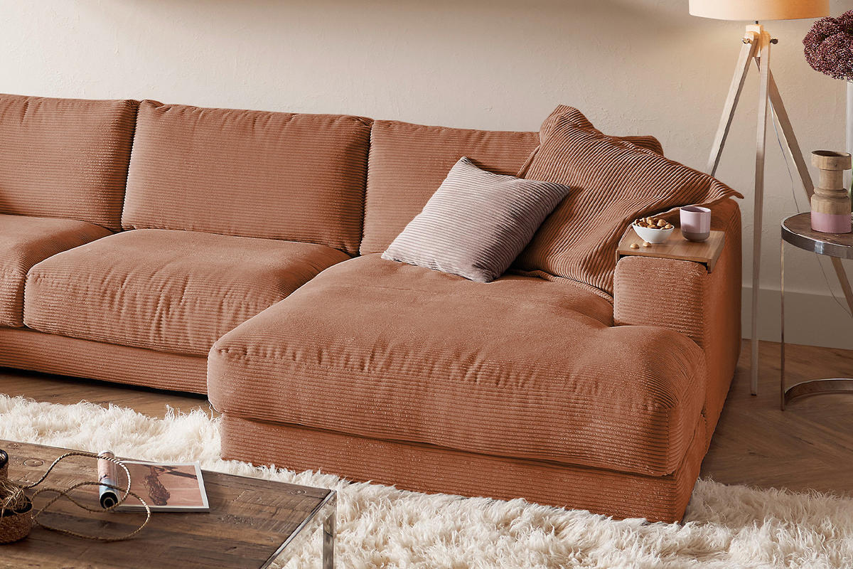 WOHNLANDSCHAFT MADELINE Braun Cord - Rotbraun/Schwarz, Kunststoff/Textil (425/86/224cm) - KAWOLA