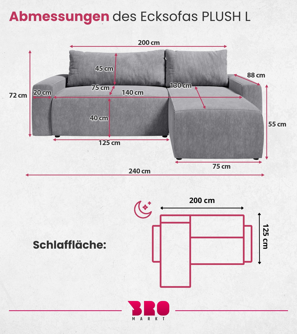 ECKSOFA PLUSH mit Schlaffunktion Grau Cord - Grau, Textil (240/145cm) - Bromarkt