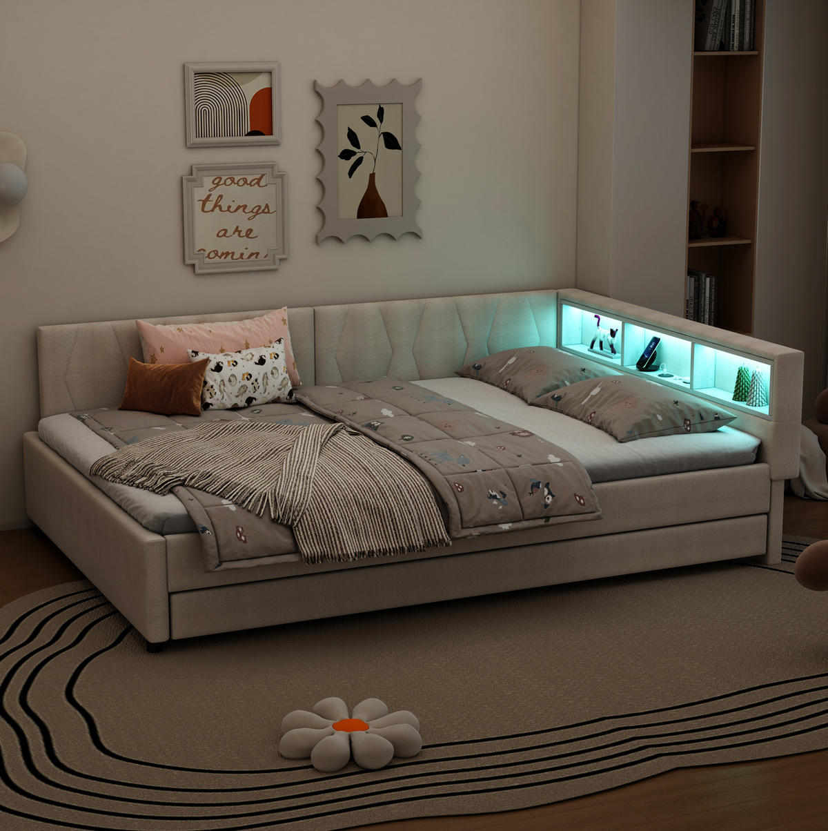 DENNÍ postel 140/200 cm béžová z lnu a MDF s USB-C nabíjením, LED světlem a úložným čelem - béžová, textil (140/200cm) - OKWISH