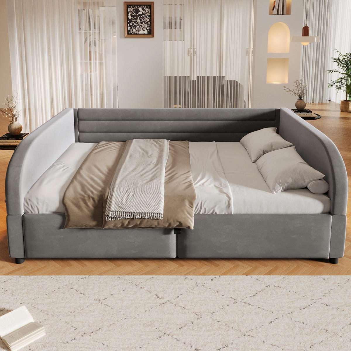 POLSTERBETT 140/200 cm in Grau mit Bettkasten und LED Stoff - Grau, Holzwerkstoff/Textil (140/200cm) - STILVORA