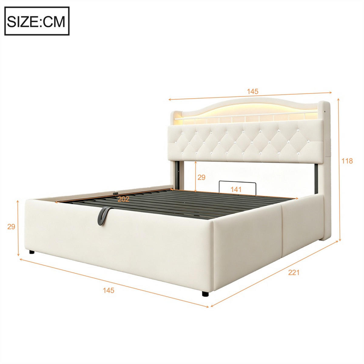 POLSTERBETT 140x200 cm mit hydraulischem Stauraum - LED Beleuchtung & Ladestation - Beige - Ohne Matratze - Beige, Textil (140/200cm) - DELFA