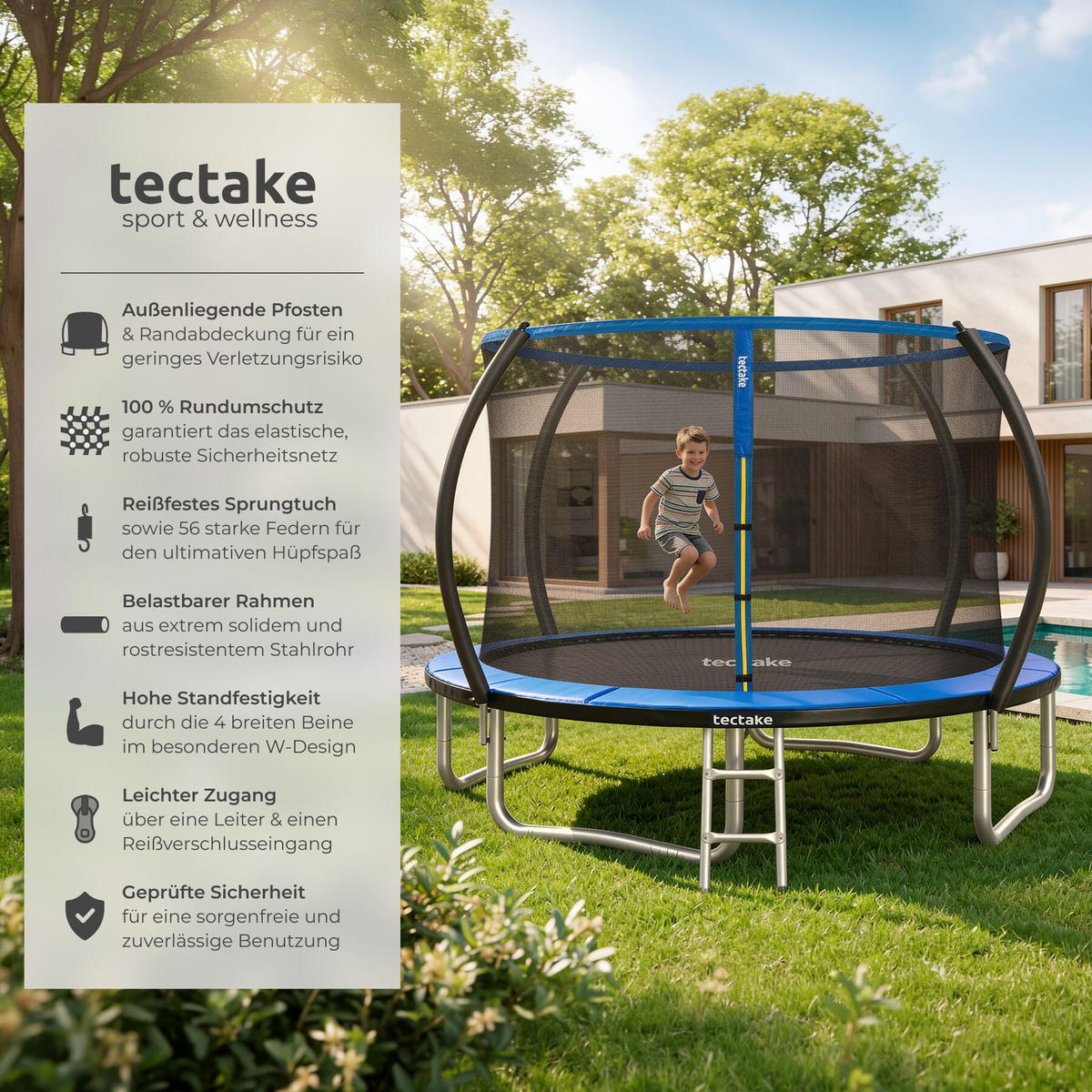 TRAMPOLIN Jumpy, inklusive Einstiegsleiter, schwarz/blau - Blau/Schwarz, Metall (322/265/322cm) - tectake