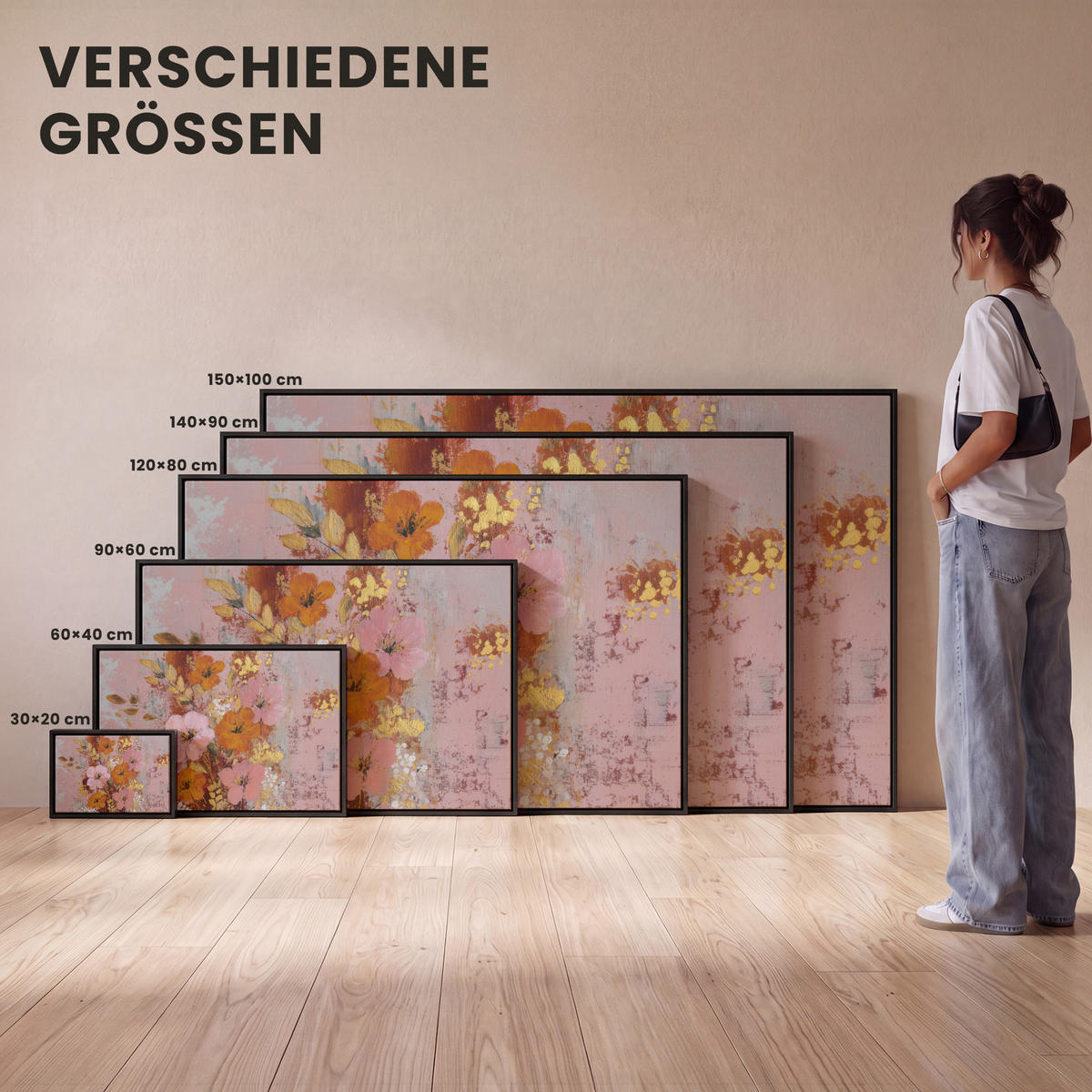 LEINWAND Bilder mit Rahmen - Malerei - Blumen - Rustikal - Rosa - 60x40 - Altrosa, Textil (60/40cm) - MuchoWow