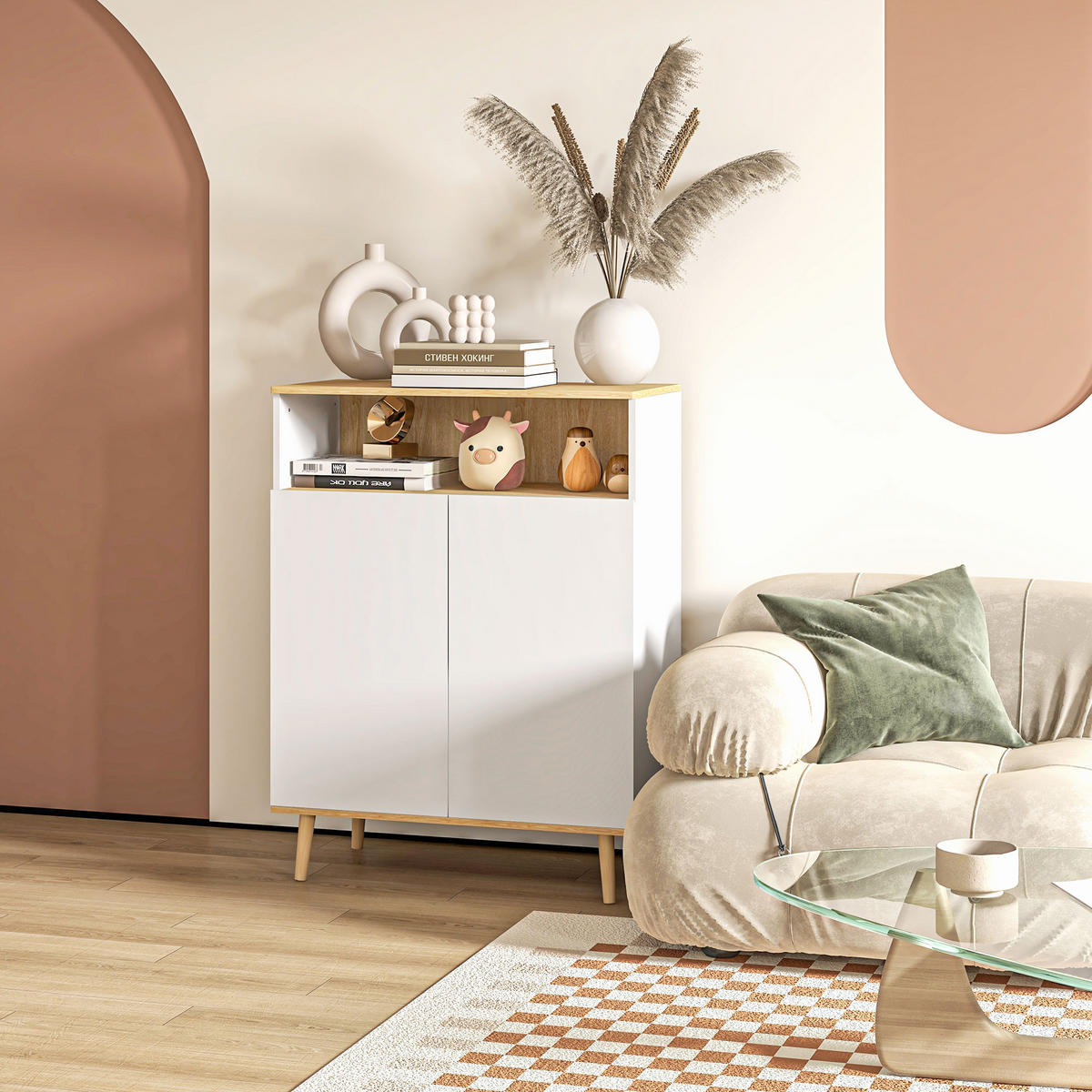 SIDEBOARD Weiß und Eiche-Nachbildung, 2 Türen, 80/38/102 cm - Weiß, Holz (80/102/38cm) - PANGIVO