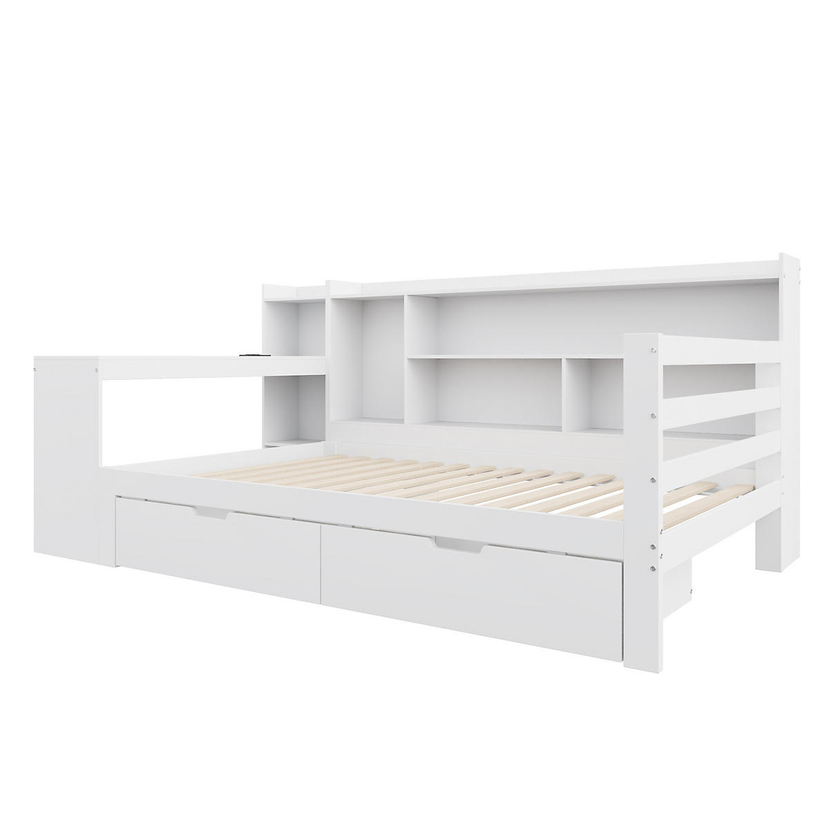 STAURAUMBETT 90/200 cm DE-01349, in Weiß, mit Schreibtisch, Steckdose und Schubladen - Weiß, Holz (90/200cm) - ComfortXL