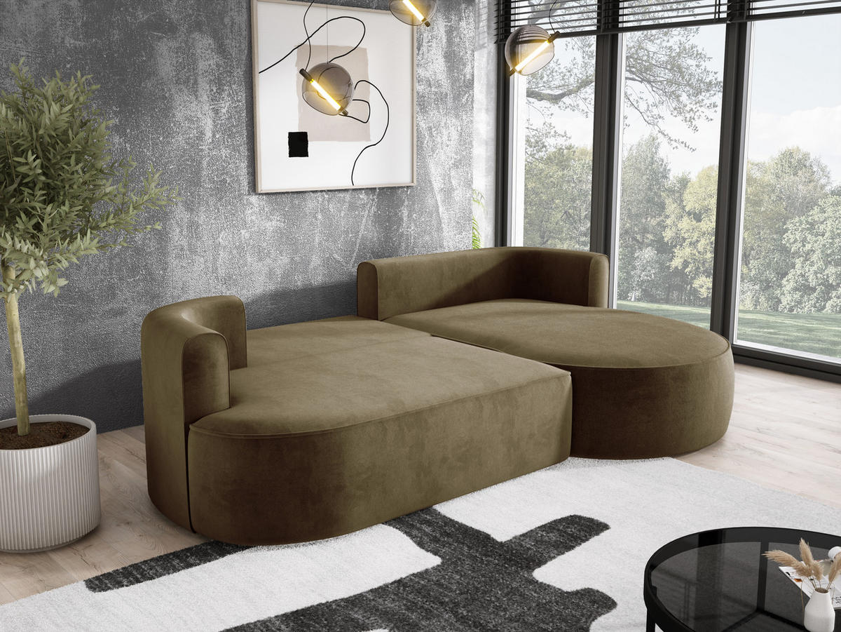 ECKSOFA FIORE L-förm Moderne Ausziehbare Schlaf-Funktion, automatischer Auffaltung, lose Rückenkissen freistehend RECHTS 284x183x82cm Green - Grün, Holz/Textil (284/183cm) - DomoHome