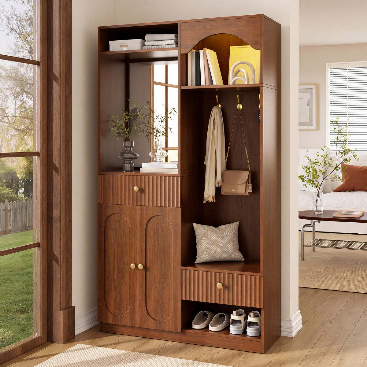 GARDEROBE-SET in Walnussfarben Flurmöbel Set mit Spiegel und Sitzbank für Flur, B100/T35/H180cm - Walnussfarben, Holzwerkstoff (100/180/35cm) - STILVORA