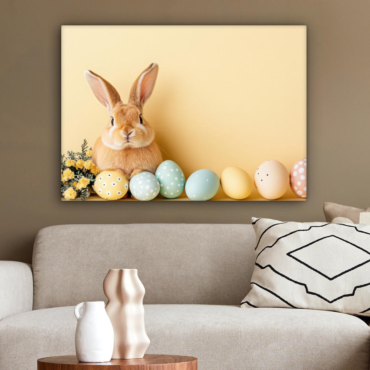 LEINWANDBILD Eier - Kaninchen - Pastellfarbtöne Wandbilder 80x60 cm - Hellgelb, Textil (80/60cm) - MuchoWow