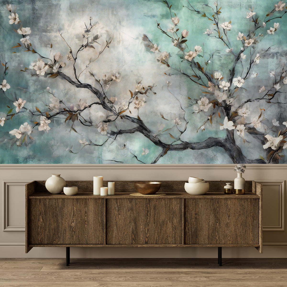 FOTOTAPETE für Schlafzimmer Abstrakte Kirschblüten Beton Pflanzen 200x140 - Beige/Braun, Papier (200/140cm) - Muralo