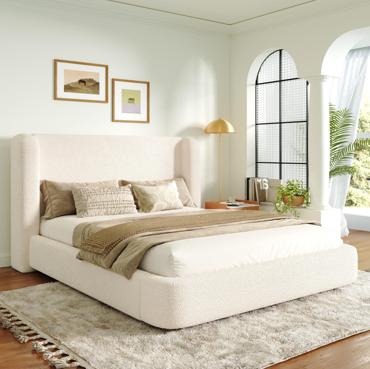 BETT mit Stauraum und Lattenrost Bouclé Beige - Beige, Metall (160/200cm) - Meubliv