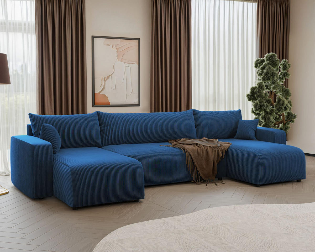 WOHNLANDSCHAFT Pianoni Marineblau Cordbezug - Schwarz/Dunkelblau, Kunststoff/Textil (312/83/140cm) - Selsey