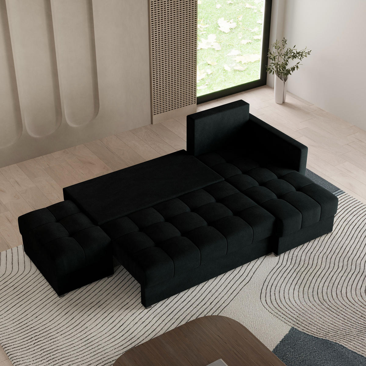 ECKSOFA LUMARI R-S Schwarz Plüsch-Stoff mit Schlaffunktion - Schwarz, Holz (262/143cm) - MASSENO