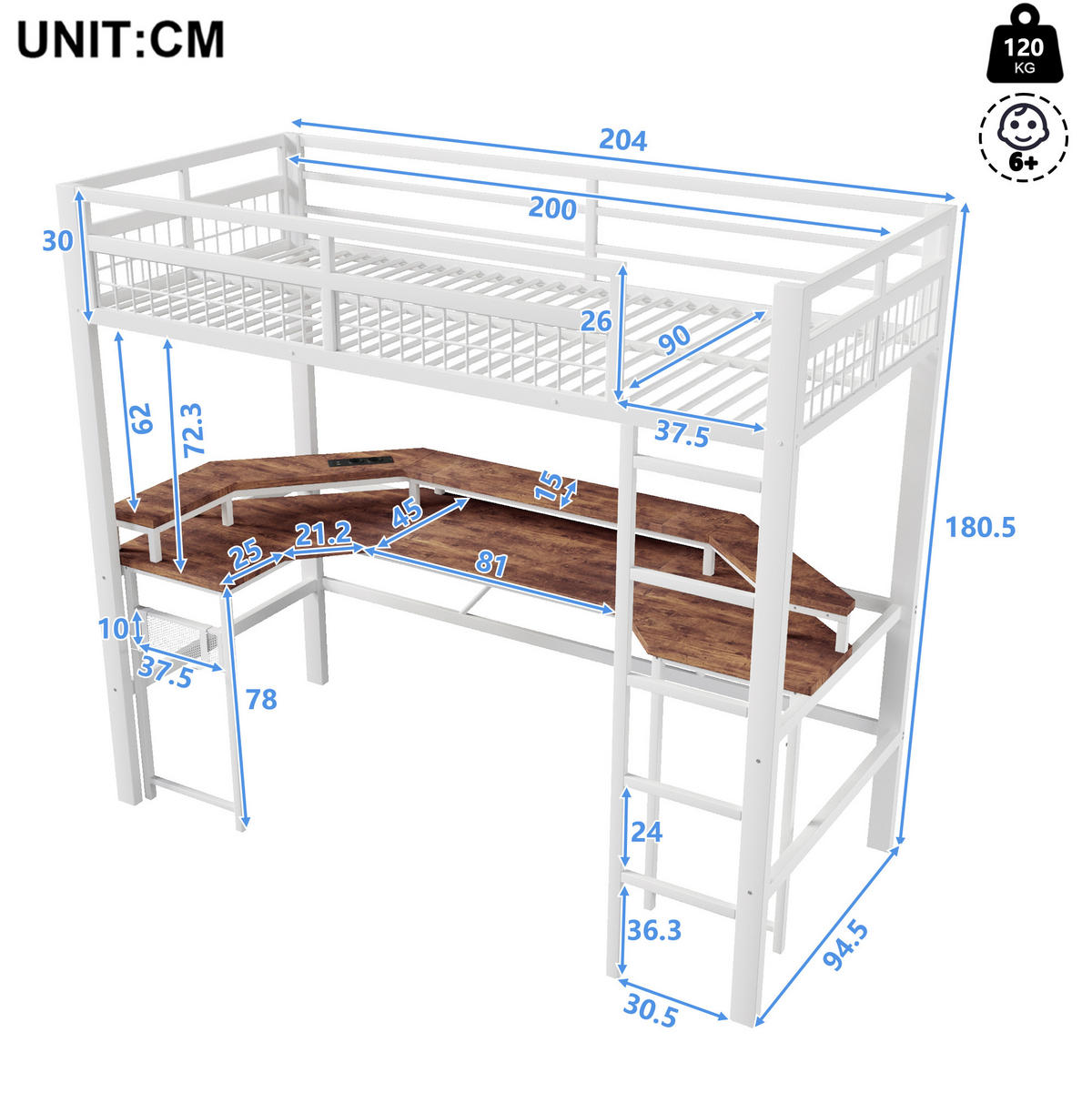HOCHBETT 90/200 cm in Weiß mit Schreibtisch und LED-Beleuchtung - Weiß, Metall (90/200cm) - Flora Grace