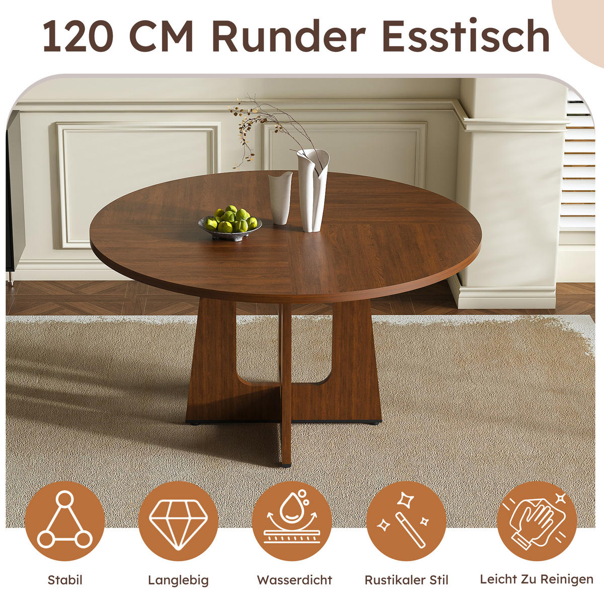 ESSTISCH Nussbaumfarben aus MDF rund Ø120cm mit justierbaren rutschfesten Tischfüßen - Nussbaumfarben, Holzwerkstoff (120/120/76cm) - Luhomfu