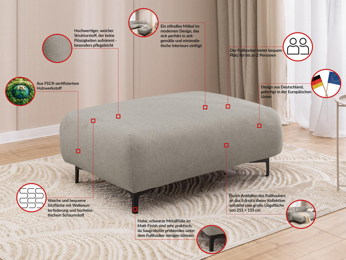 ECKSOFA inkl. Hocker Cardea mit Schlaffunktion in Bubble-Optik aus weichem Taupe Strukturstoff und hohem Sitzkomfort - Ottomane links - Taupe/Schwarz, Holz/Textil (170/230cm) - S-Style Möbel