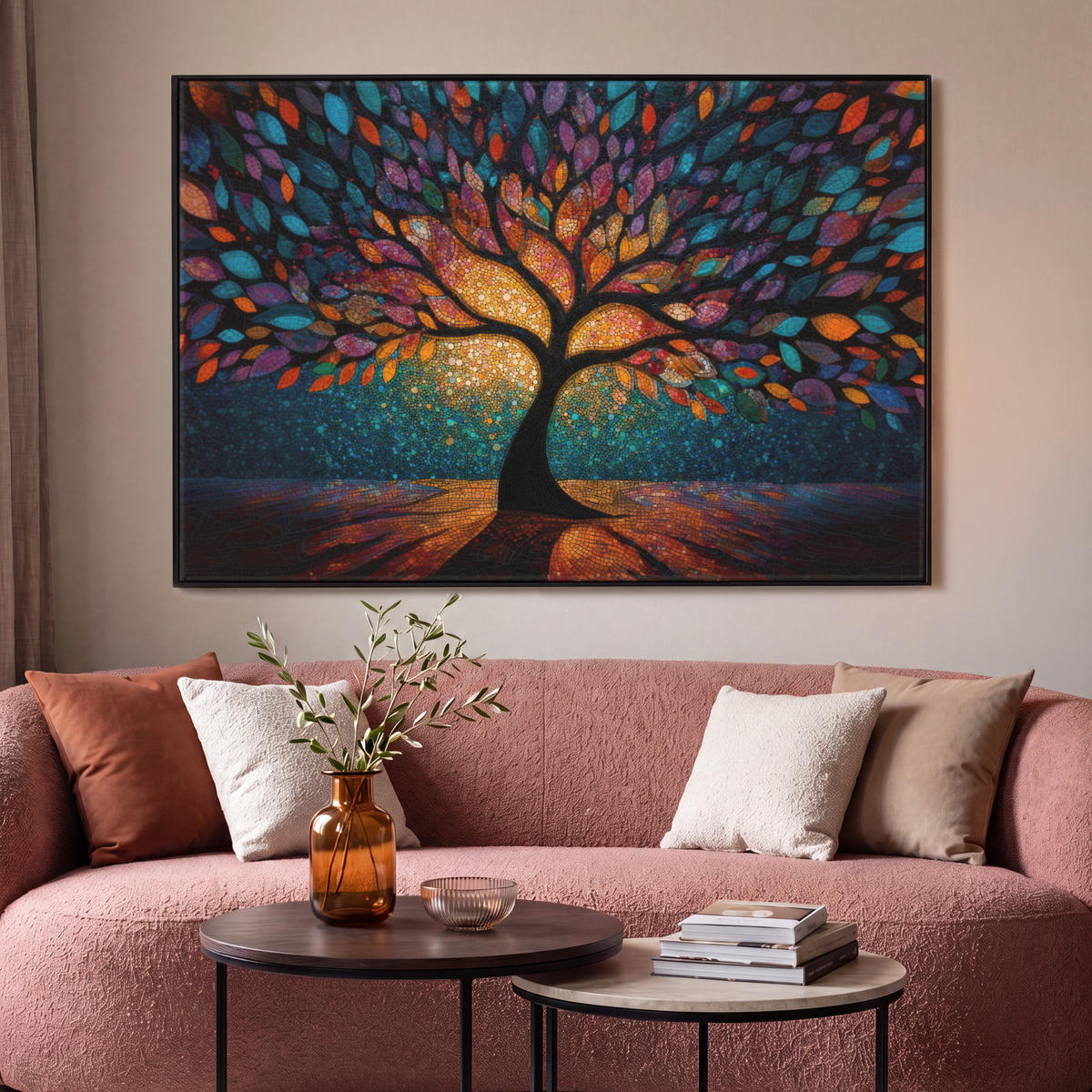 LEINWAND Bilder mit Rahmen - Mosaik - Bunt - Baum - Äste - 150x100 - Multicolor, Textil (150/100cm) - MuchoWow
