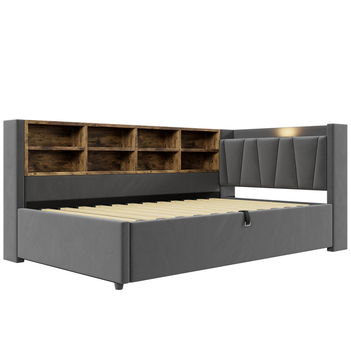STAURRAUMBETT 90/200 cm DE-02067, in Dunkelgrau, mit Sofafunktion, USB-C und Hydraulik - Dunkelgrau, Metall (90/200cm) - ComfortXL