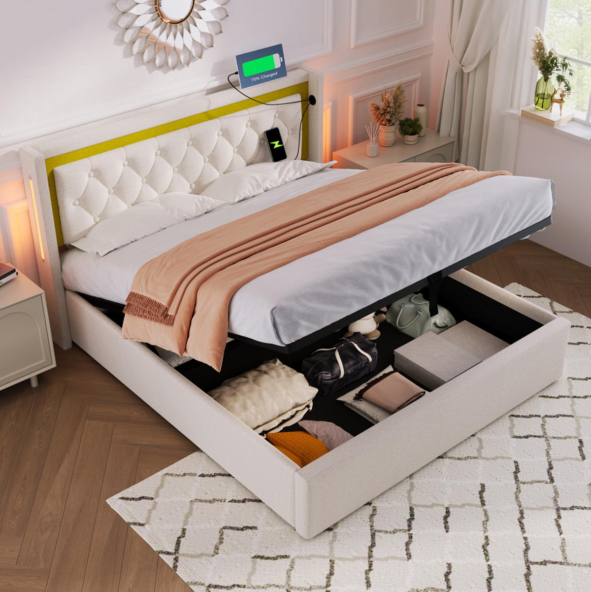 POLSTERBETT mit LED, Stauraum und USB-C 140x200 cm Beige inklusive Matratze - Beige, Metall (140/200cm) - Meubliv