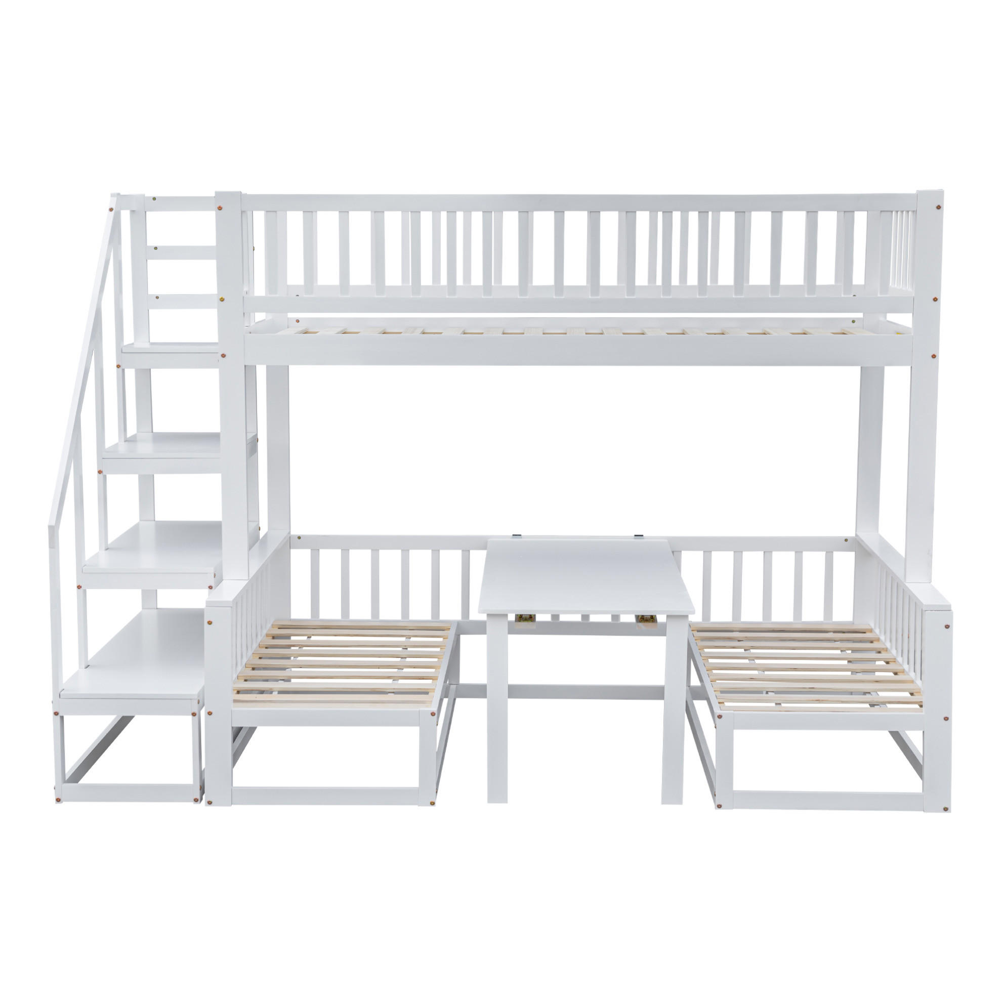 ETAGENBETT aus Kiefer und MDF 245,5x125x170 cm Weiß mit Treppe, verstellbarem Tisch und ausziehbarer Liegefläche - Weiß, Holzwerkstoff (90/200cm) - Modfu