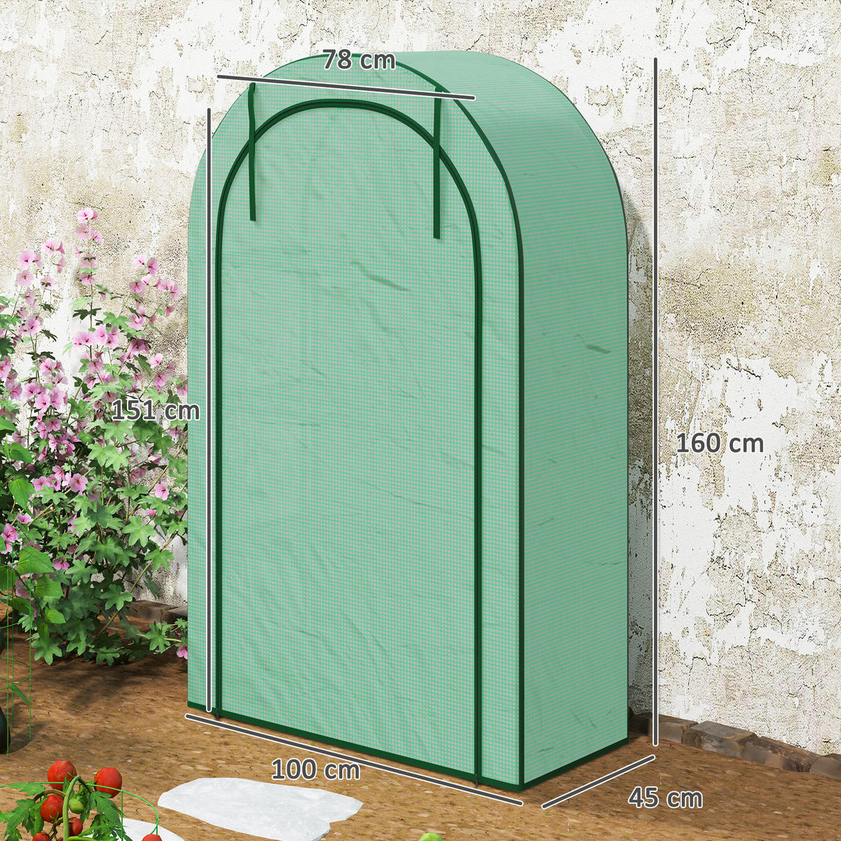 GEWÄCHSHAUS, 100L x 45B x 160H cm - Grün, Kunststoff/Metall (45/160/100cm) - Outsunny