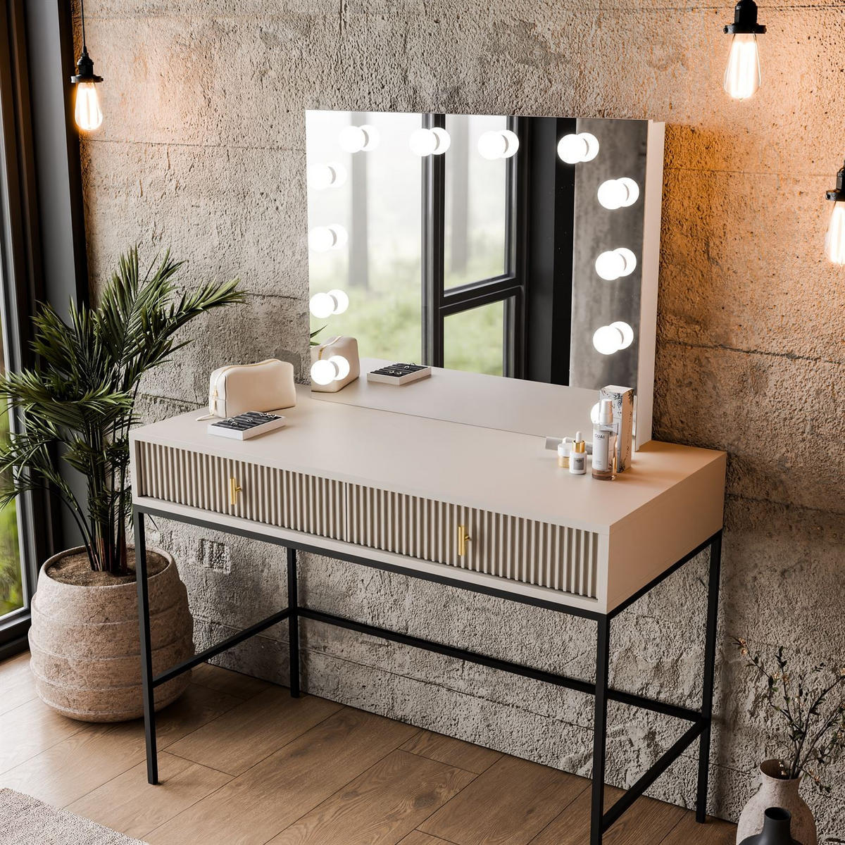 FRISIERTISCH MIDNIGHT ELITE mit LED-Spiegel kaschmir - Kaschmir/Schwarz, Holzwerkstoff (104/77/50cm) - Lookway