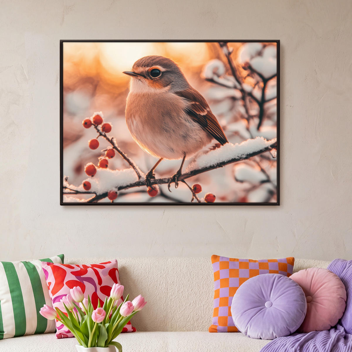 LEINWAND Bilder mit Rahmen - Vogel - Zweig - Winter - Tiere - Schnee - 100x70 - Bernsteinfarben, Textil (100/70cm) - MuchoWow