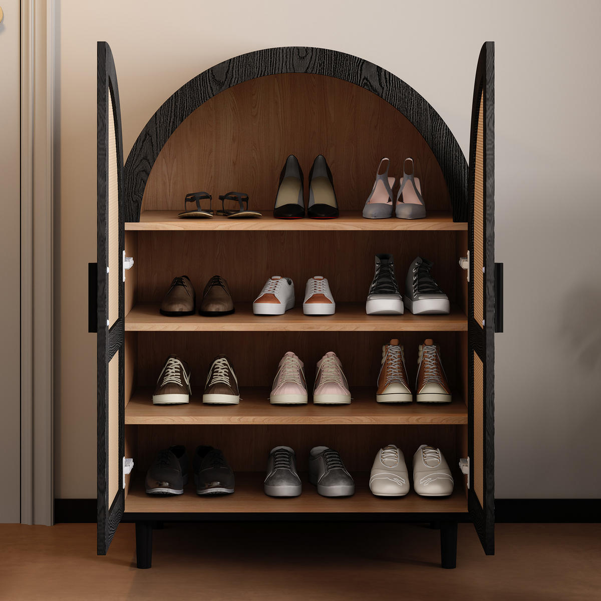 SCHUHSCHRANK für 12–15 Paar Schuhe, mit Rattantüren und Metallbeinen, 70/40/100 cm, Schwarz und Holz - Naturfarben, Holzwerkstoff (70/40/100cm) - Redom
