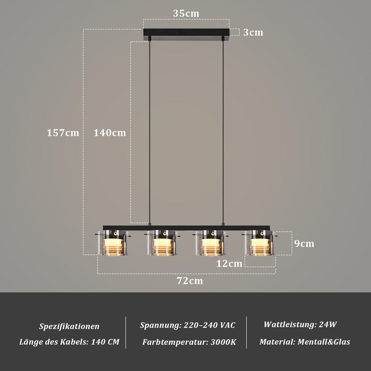 PENDELLEUCHTE Averon 72/12/157 cm - Schwarz, Glas/Metall (72/12/157cm) - ZMH