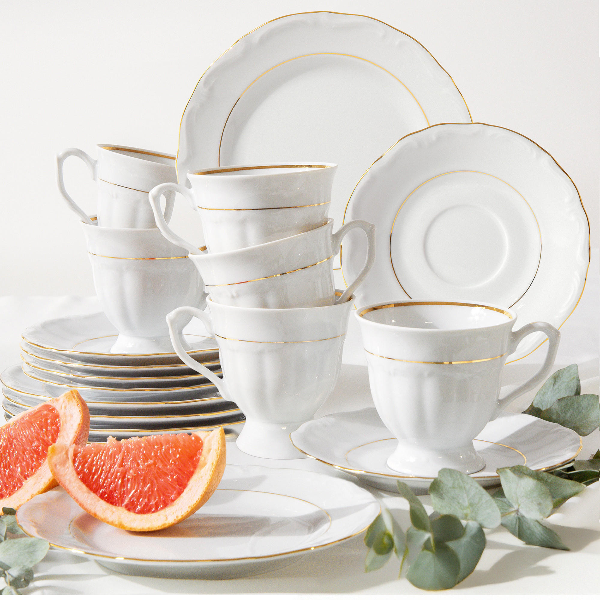 KAFFEESERVICE Chodziez MARIA TERESA 18-tlg Porzellan mit Goldrand, Weiß / Gold - Goldfarben/Weiß, Keramik (8/8/8cm) - KONSIMO®