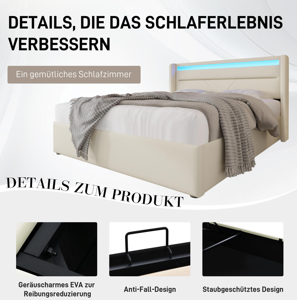 POLSTERBETT 140/200 cm Weiß aus PU mit LED-Beleuchtung und Bettkasten - Weiß, Kunststoff (140/200cm) - OKMYHOME
