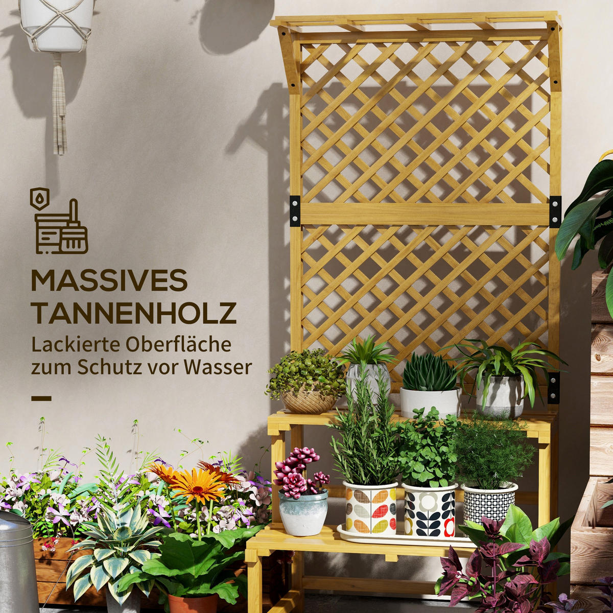 BLUMENTREPPE mit Rankhilfe, 2 Stufen, Pflanzentreppe für Innen Außen, Holz - Gelb, Holz (50/166/75cm) - Outsunny