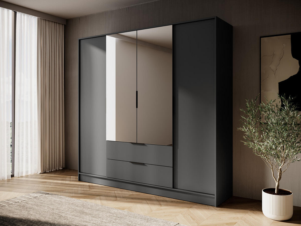 KLEIDERSCHRANK mit Spiegel 206 cm Kalma, 4 Türen, 2 Schubladen, Graphite - Graphitfarben, Holz (206/200/51cm) - Emporius