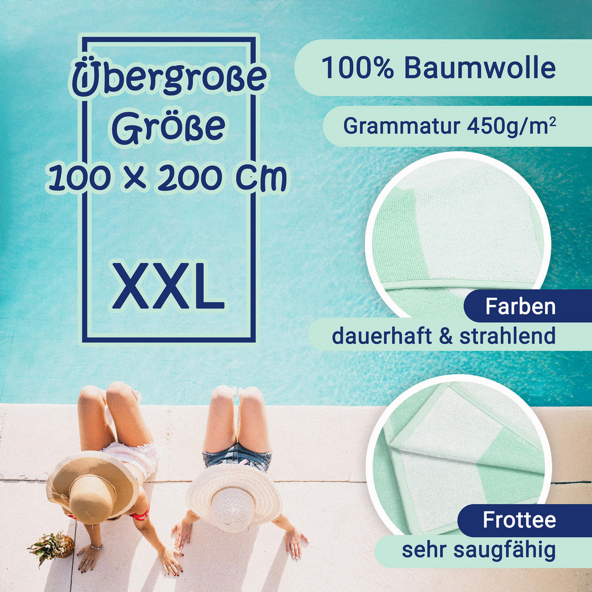 STRANDTUCH, 100x200 cm, 100% Baumwolle, Blau - Grün, Textil (100/200cm) - Zollner