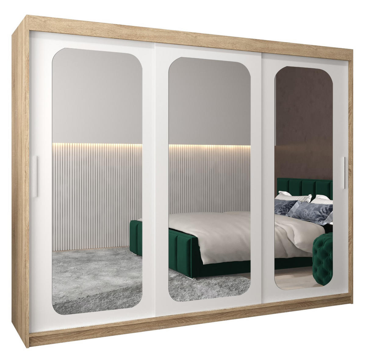 SCHWEBETÜRENSCHRANK 200/250/62 3-türig - Silberfarben/Weiß, Holz/Kunststoff (250/200/62cm) - Abiks Möbel