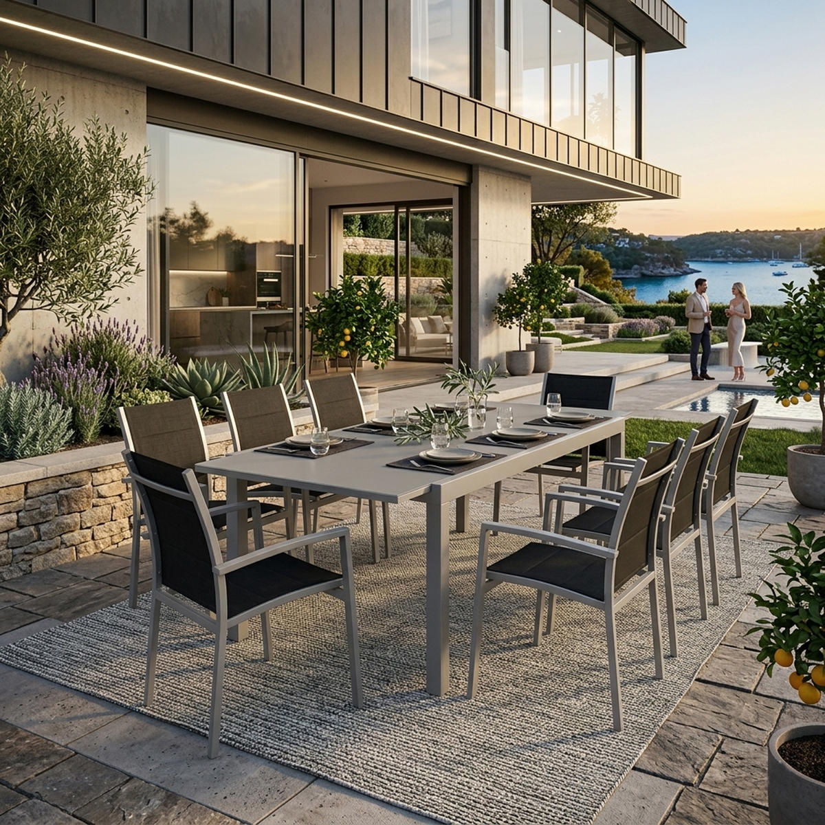 GARTEN-GARNITUR Ashford - 9-teilig Garten-Essgruppe (8x Stapelsessel mit Armlehnen, 1x Ausziehtisch 180/240x100cm), Gestell Aluminium - Schwarz, Metall - TPFGarden