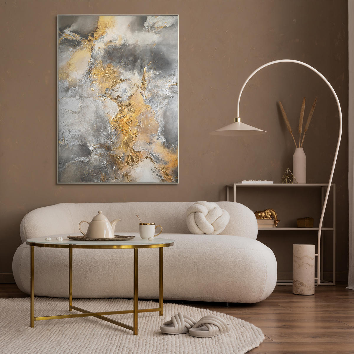 GEMÄLDE Harmonie von Gold und Silber Schattenfugenrahmen Beige 120x80 cm - Beige, Holz (120/80cm) - YS-art gallery