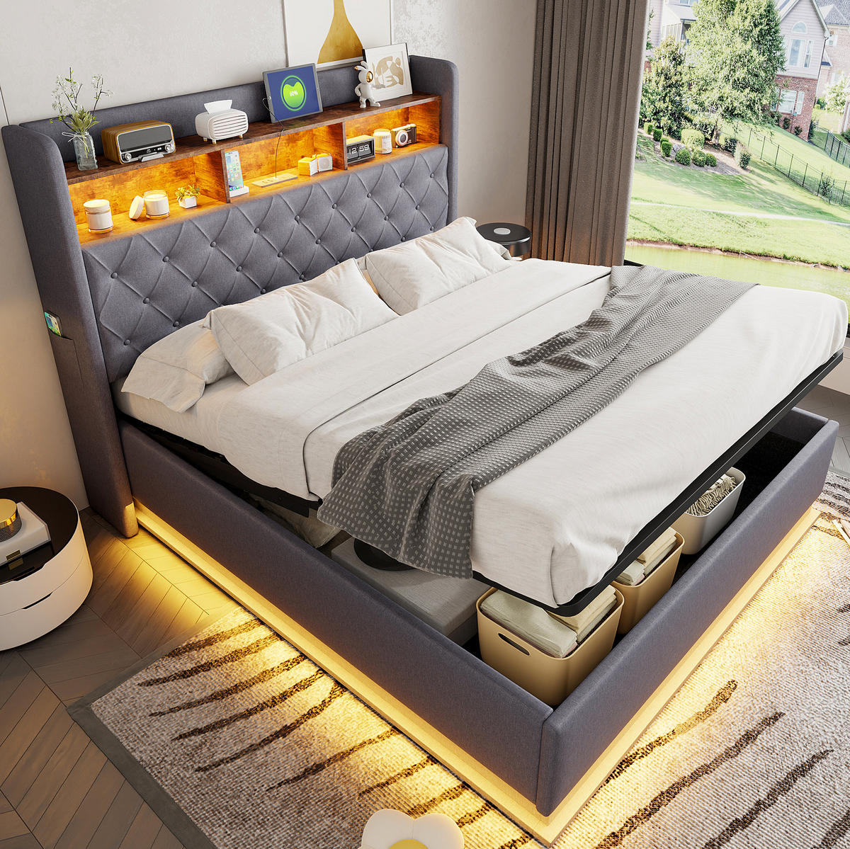 POLSTERBETT 160/200 cm Grau mit LED-Beleuchtung, Stauraum und USB-Anschluss - Grau, Textil (160/200cm) - Flora Grace