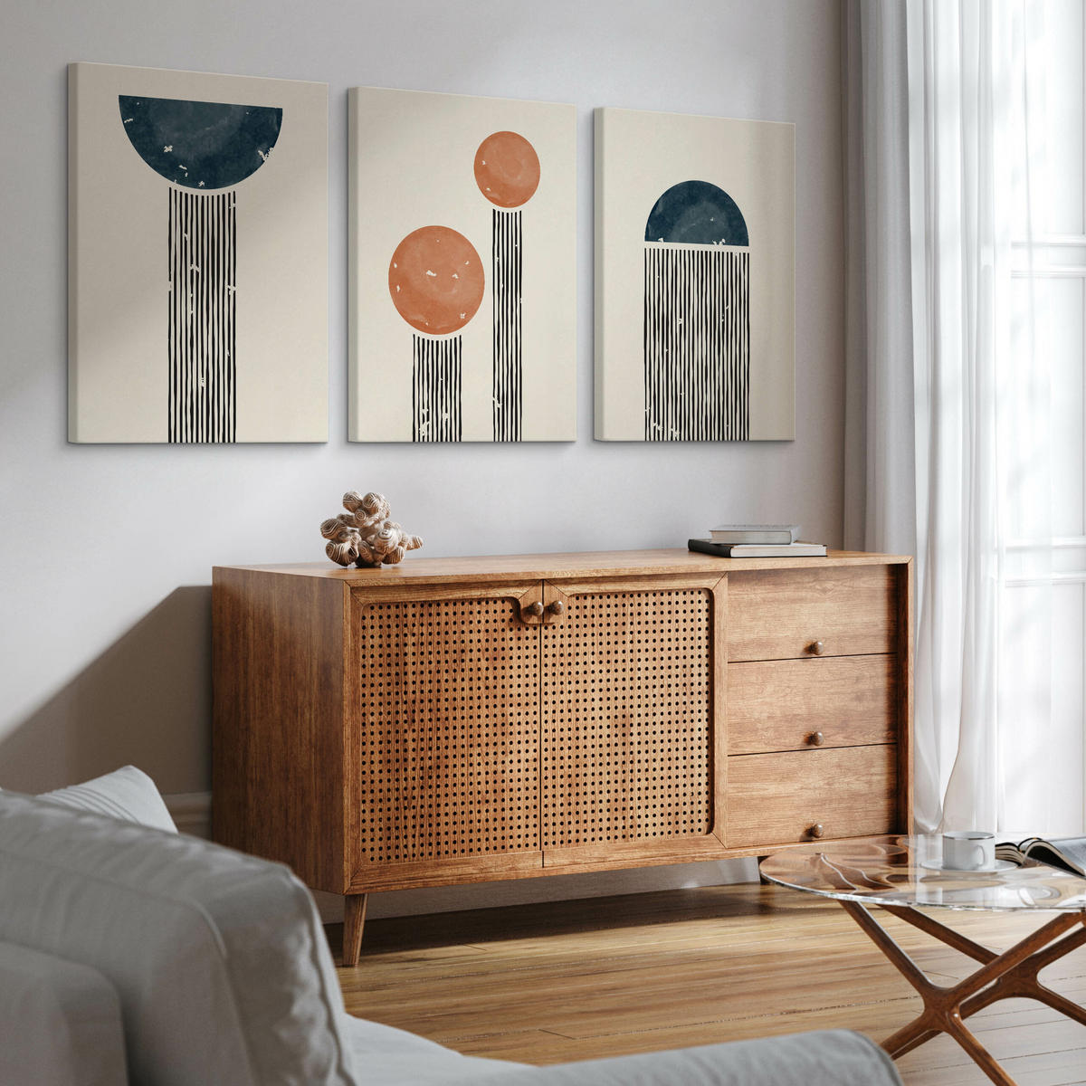 LEINWANDBILDER 3-er Set Boho Muster - Türkis/Blau, Textil (90/40cm) - Muralo
