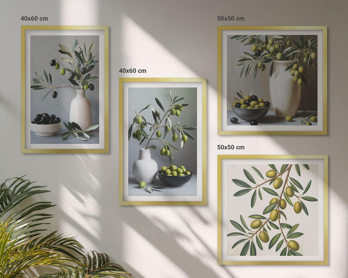 BILDER SET 4er Set - 50x50 cm & 40x60 cm Goldrahmen - Oliven in Vasen in gedeckten Farben - Goldfarben, Kunststoff (50/50cm) - TULUP