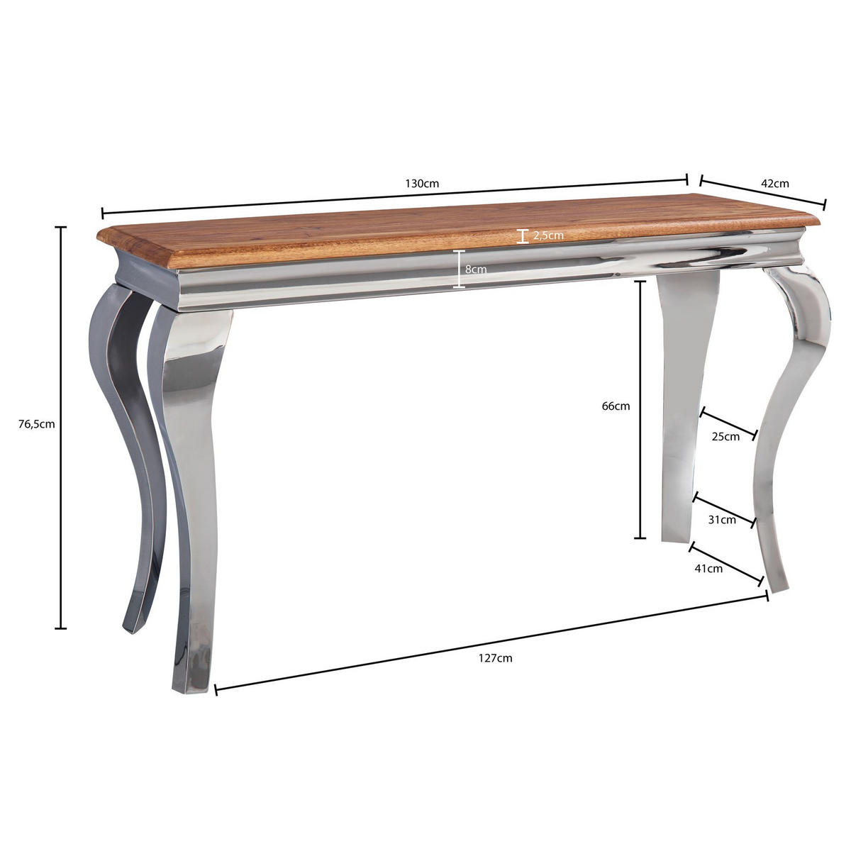KONSOLENTISCH – Massivholz, 130 cm breit, silberne Beine, 2,5 cm Plattendicke - Silberfarben, Holz/Metall (42/130/76cm) - KADIMA DESIGN