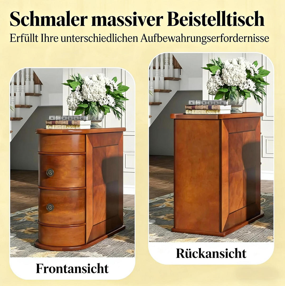 BEISTELLTISCH 60/27/60 cm in Walnuss mit 2 Schubladen aus Massivholz - Walnussfarben, Holzwerkstoff (27/60/60cm) - Flora Grace