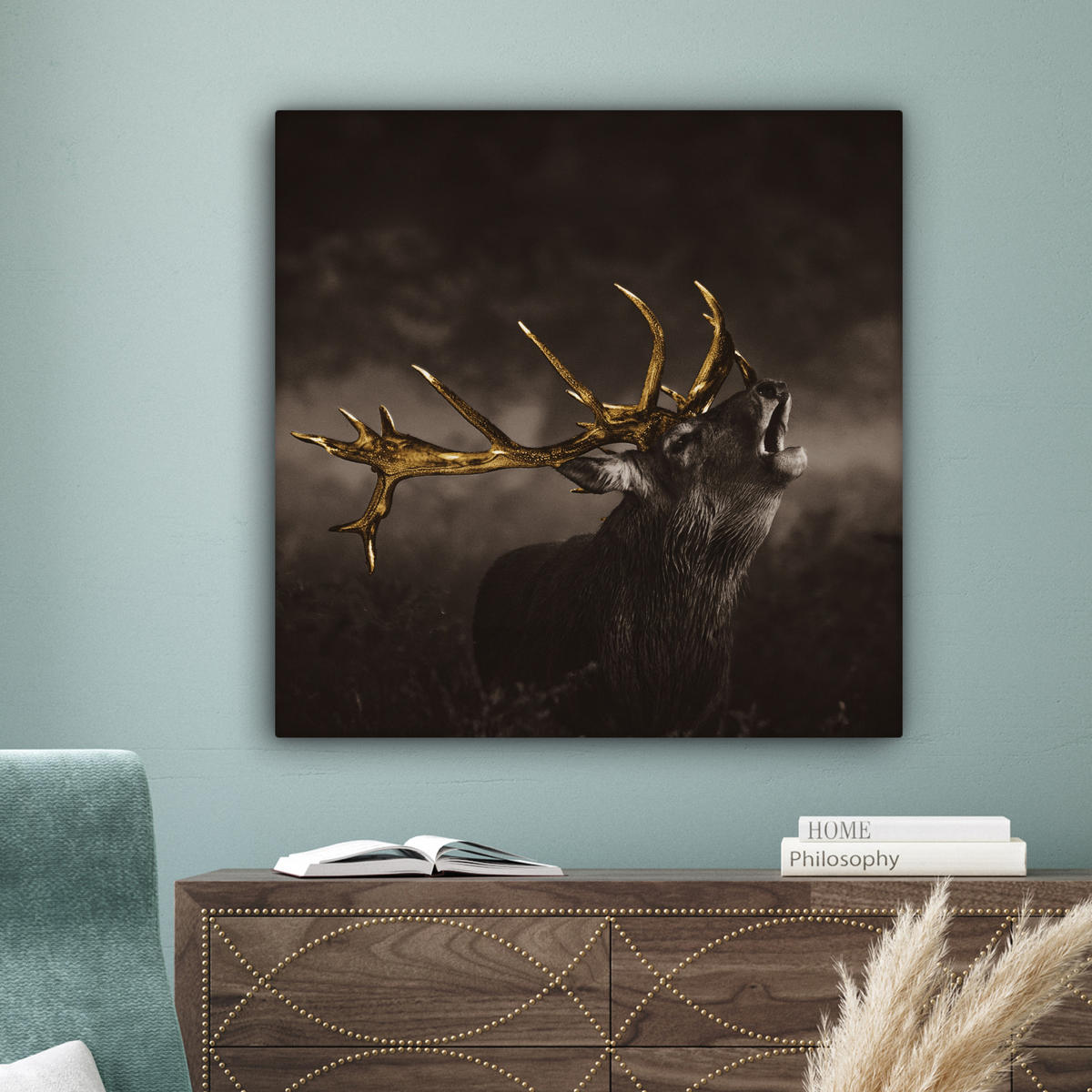LEINWANDBILD Rotwild - Schwarz - Gold 90x90 cm - Braun, Textil (90/90cm) - MuchoWow