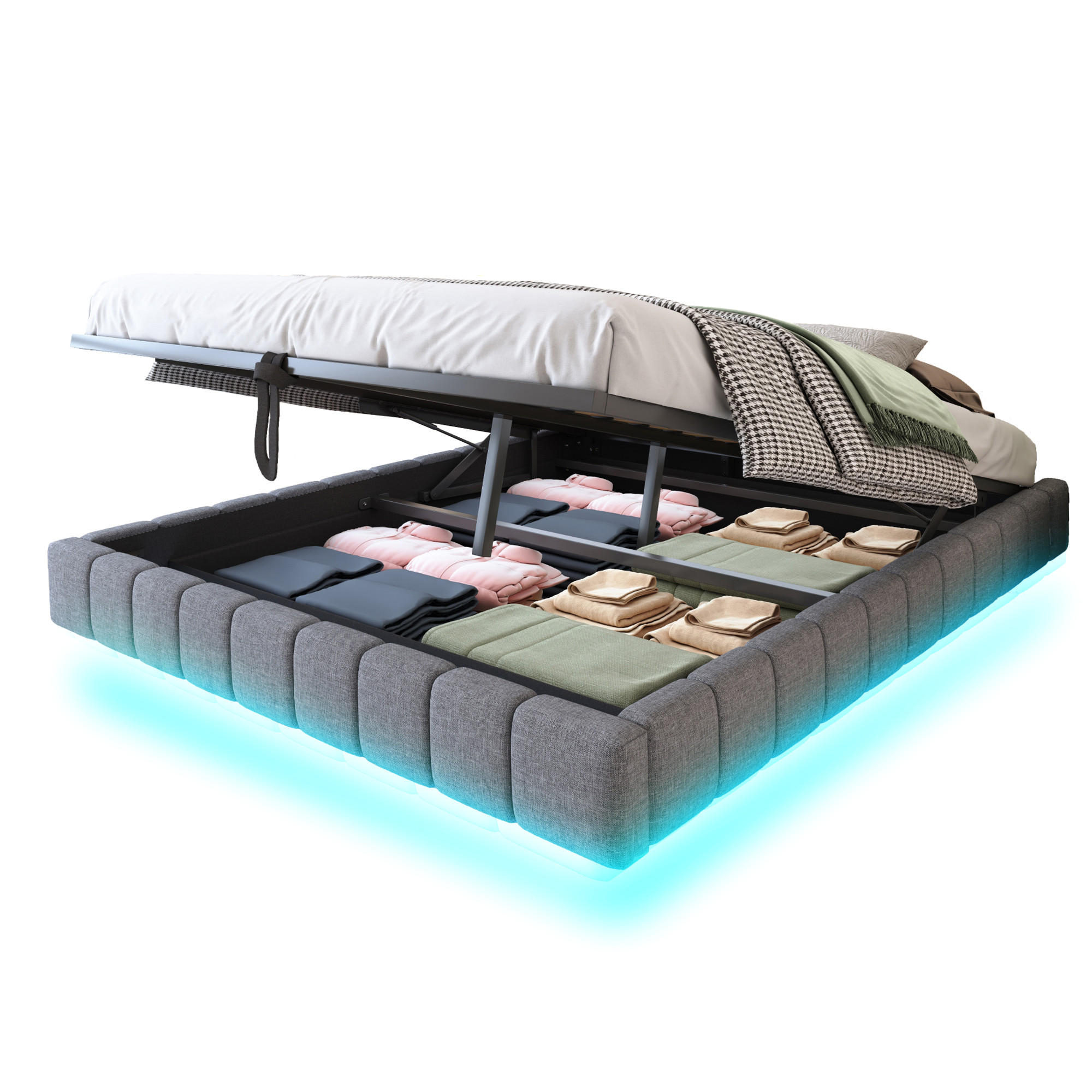 POLSTERBETT 160/200 cm Grau Hydraulischer Schwebebettrahmen mit LED-Beleuchtung - Grau, Textil (160/200cm) - OKWISH