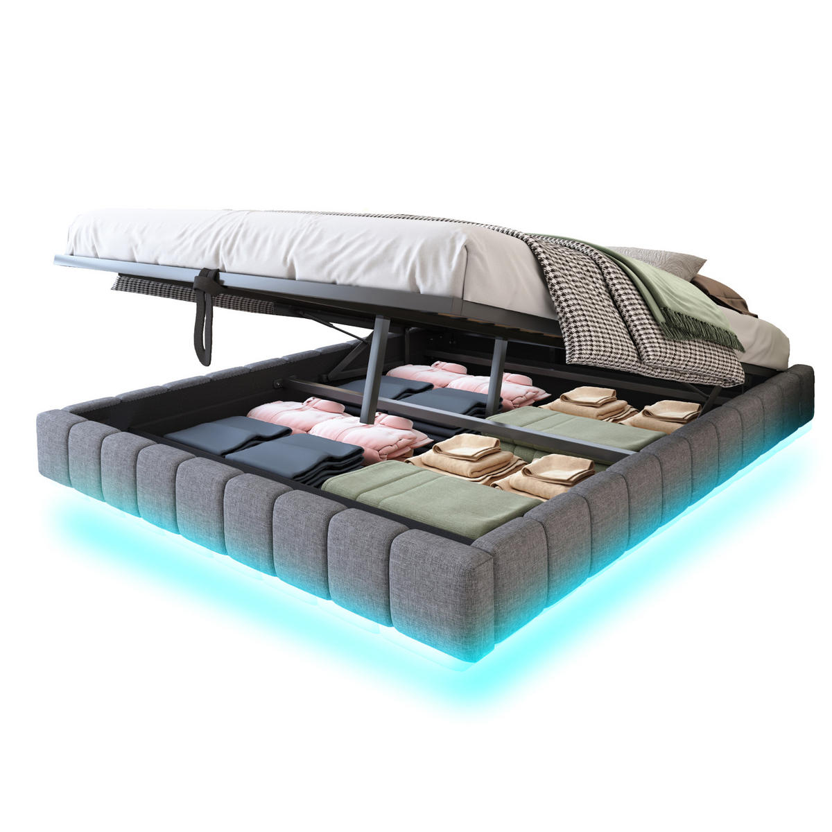 POLSTERBETT 160/200 cm Grau Hydraulischer Schwebebettrahmen mit LED-Beleuchtung - Grau, Textil (160/200cm) - OKWISH