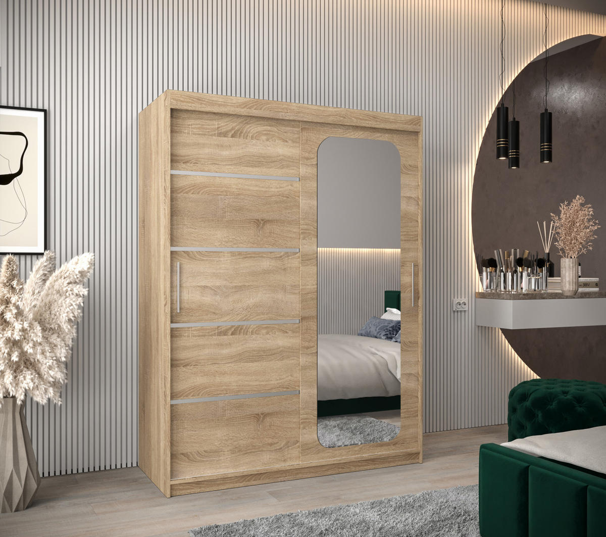SCHWEBETÜRENSCHRANK 200/150/62 2-türig - Silberfarben/Sonoma Eiche, Holz/Kunststoff (150/200/62cm) - MÖBEL KRYSPOL