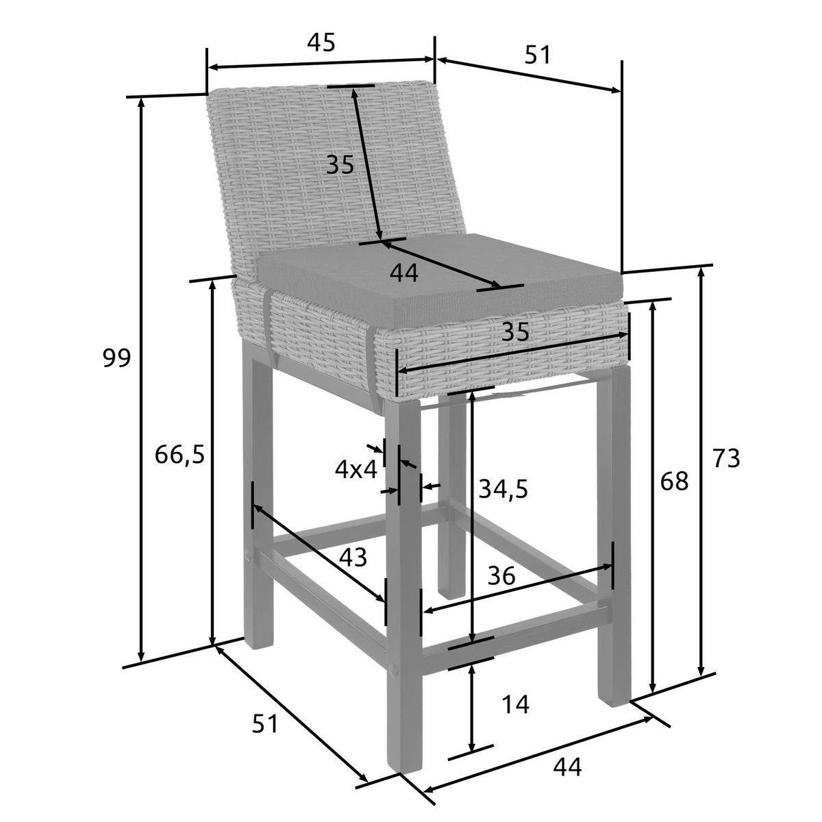 RATTAN-BARSTUHL Latina,inklusive Sitzpolster, 45 x 62,5 x 99 cm,grau - Grau, Kunststoff (45/99/62.5cm) - tectake