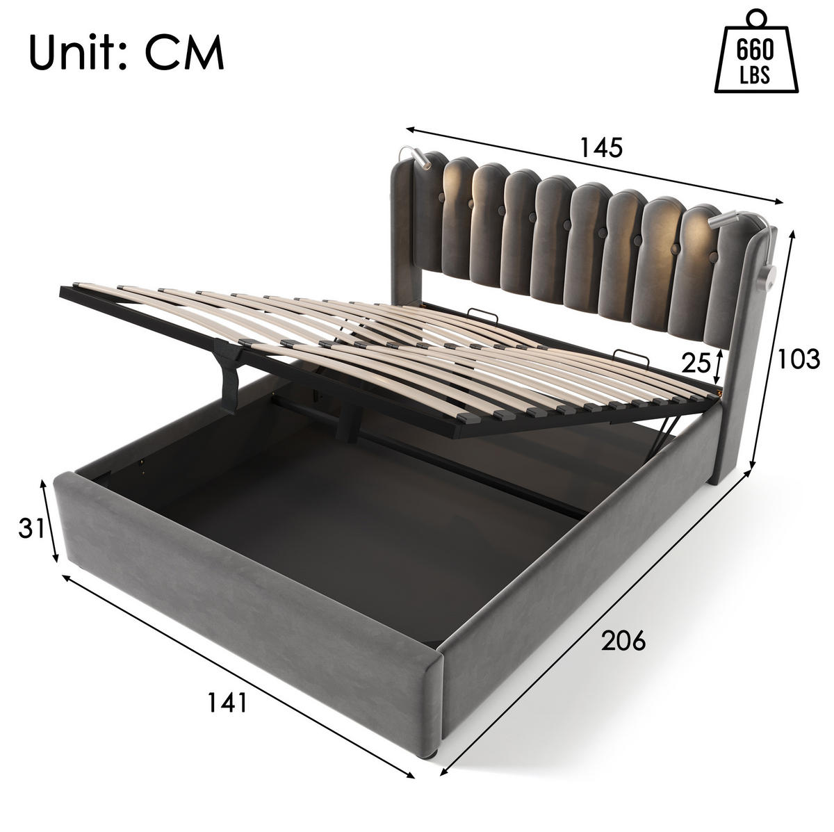 POLSTERBETT mit Bettkasten, USB und Leselicht 140x200 cm Samt Grau inkl. Matratze - Grau, Metall (140/200cm) - Meubliv