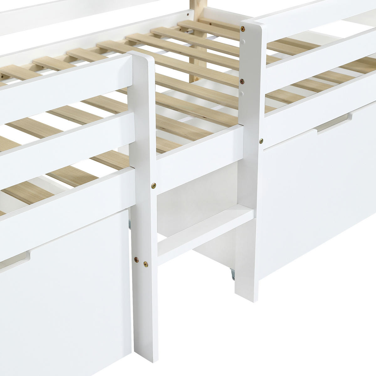 KINDERBETT 90/200 cm in Weiß & Natur Hausbett mit 2 Schließfächern und Treppe - Weiß/Naturfarben, Holzwerkstoff (90/200cm) - STILVORA